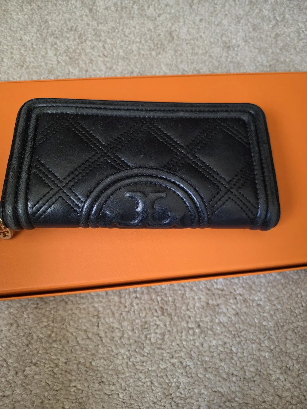 Tory Burch Black Quilted Leather Zip Wallet with Gold Logo Pull